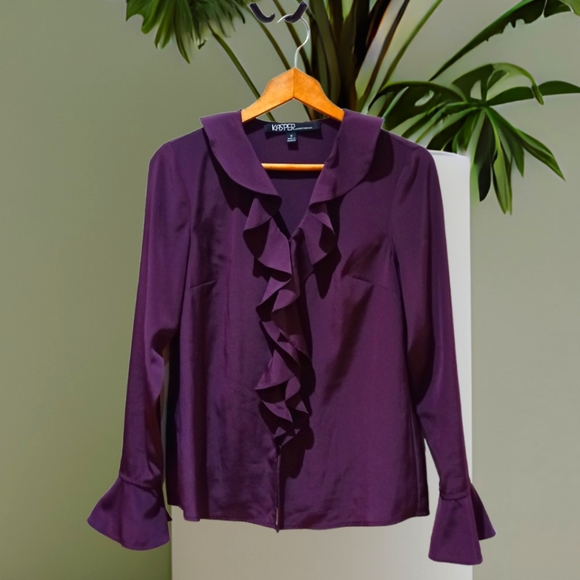 Kasper Women's Plum Purple Ruffle Collar Victorian Style Blouse - Picture 2 of 16